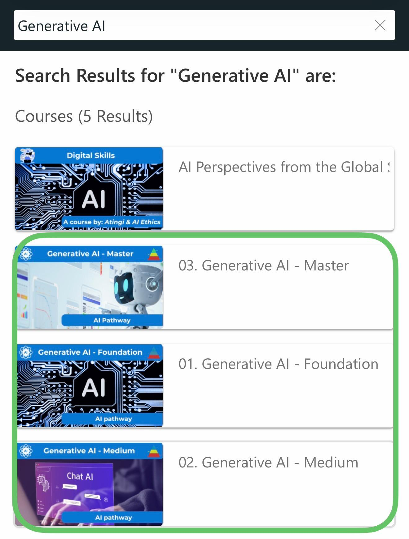 Mobile: Search results showing the 3 courses